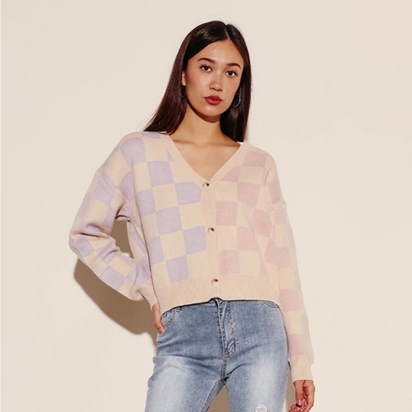 Miss Sparkling Sweaters - Checkered Cardigan Super Soft Pink Purple Pastel Colorblock Boutique Sweater